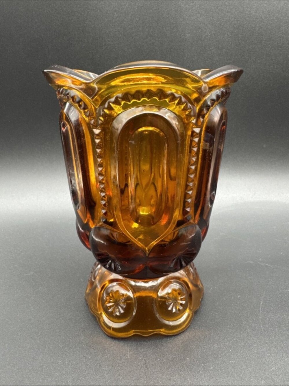 VTG LE Smith Glass Amber Brown Moon Star 5.75” Spooner Pedestal Vase Fall Decor